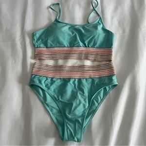 Turquoise Multicolor Chevron Band High Waisted Bikiini 2 Piece Set Womens Large